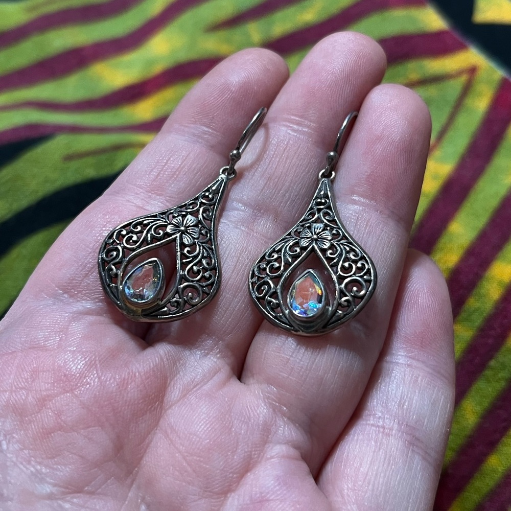 VTG Floral Sterling Silver 925 Filigree Blue Topaz Dangle Pierced Earrings - Picture 3 of 4
